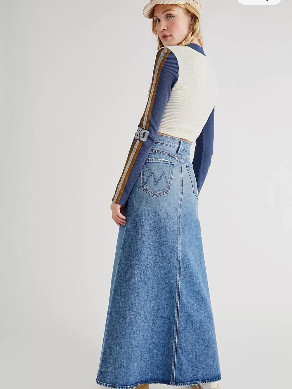 Mother Yoke Front Circle Maxi Skirt Denim Sz 25 Minimalist Closet Staple Blue